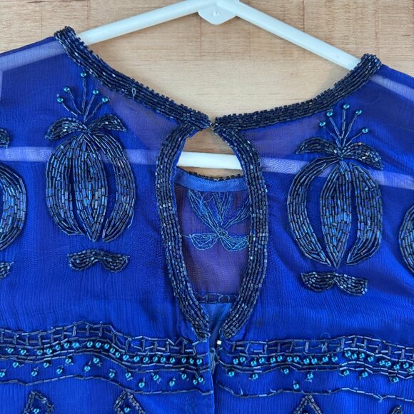 Vintage 1980s Blue Beaded Silk Dress - Picture 4 of 12